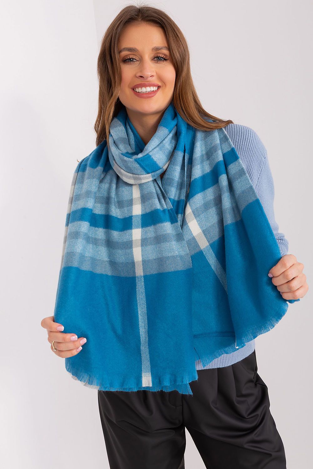 Premium long plaid scarf by AT, made from durable polyester, perfect for chic winter looks.