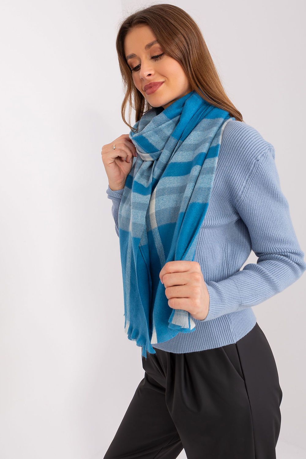 Luxurious long colourful plaid scarf by AT, crafted from 100% polyester, ideal for stylish winter layering.