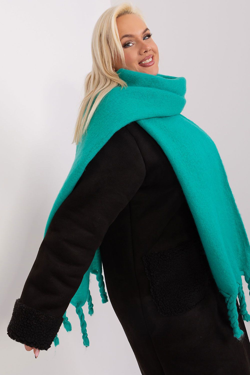 Luxury long scarf by AT made of 100% polyester, featuring elegant tassels for a stylish finish, ideal for fall and winter.