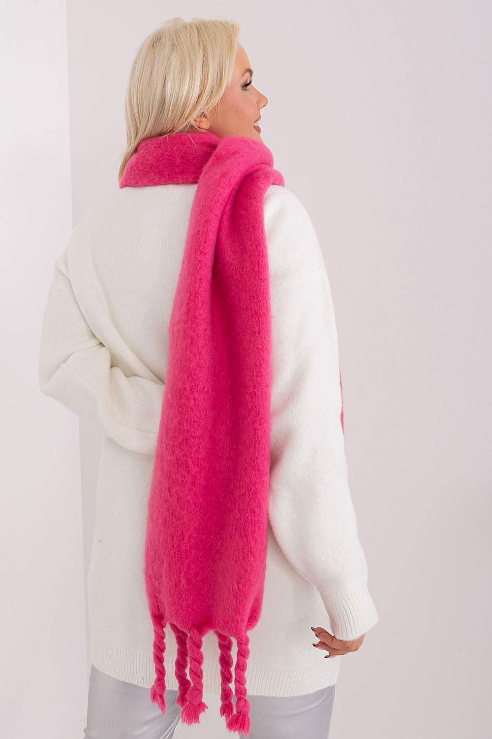 Elegant long scarf by AT, made from 100% polyester with luxurious tassels, perfect for fall and winter style.