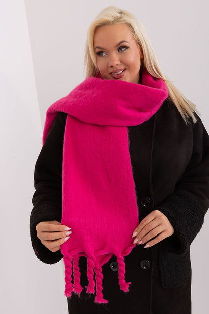 Luxury 100% polyester long scarf with tassels by AT, perfect for versatile styling in fall and winter.