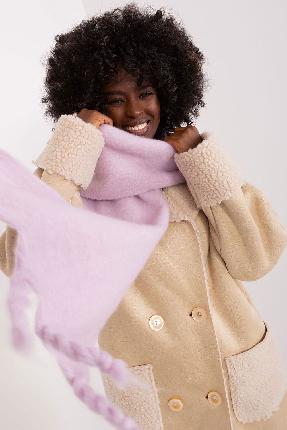 Luxury long scarf by AT made of 100% polyester with elegant tassels, ideal for stylish layering in fall and winter.