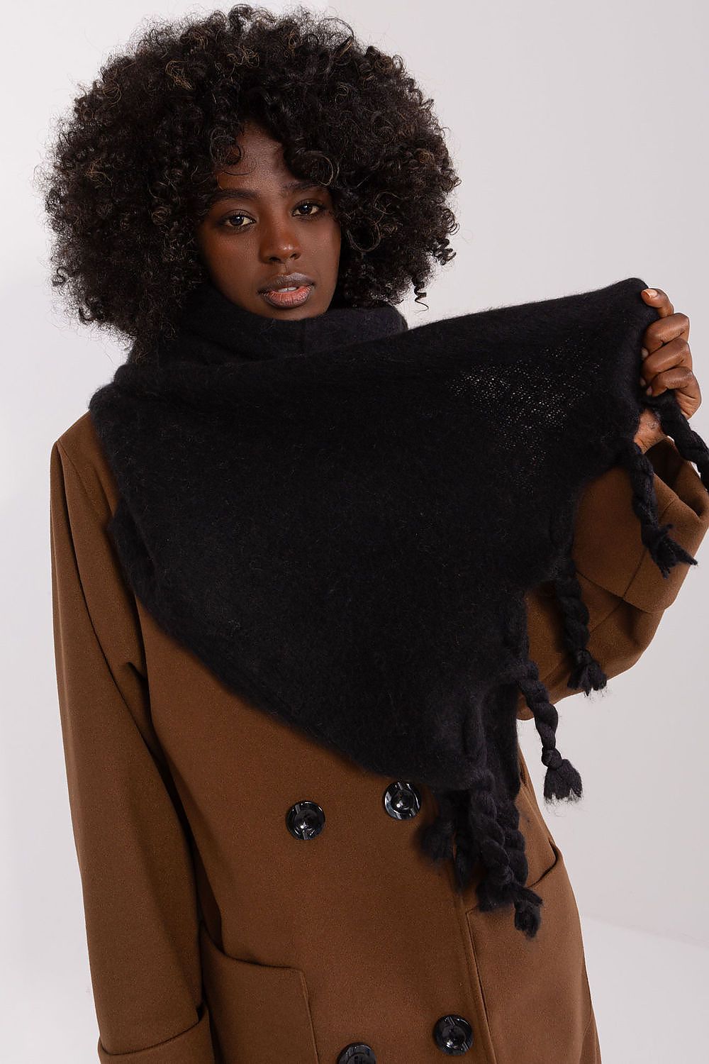 Luxury 100% Polyester Long Scarf with Tassels by AT, showcasing a smooth texture perfect for fall and winter styling.