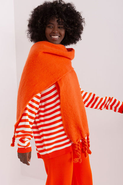 Luxury 100% polyester long scarf with tassels by AT, perfect for adding warmth and style during fall and winter.