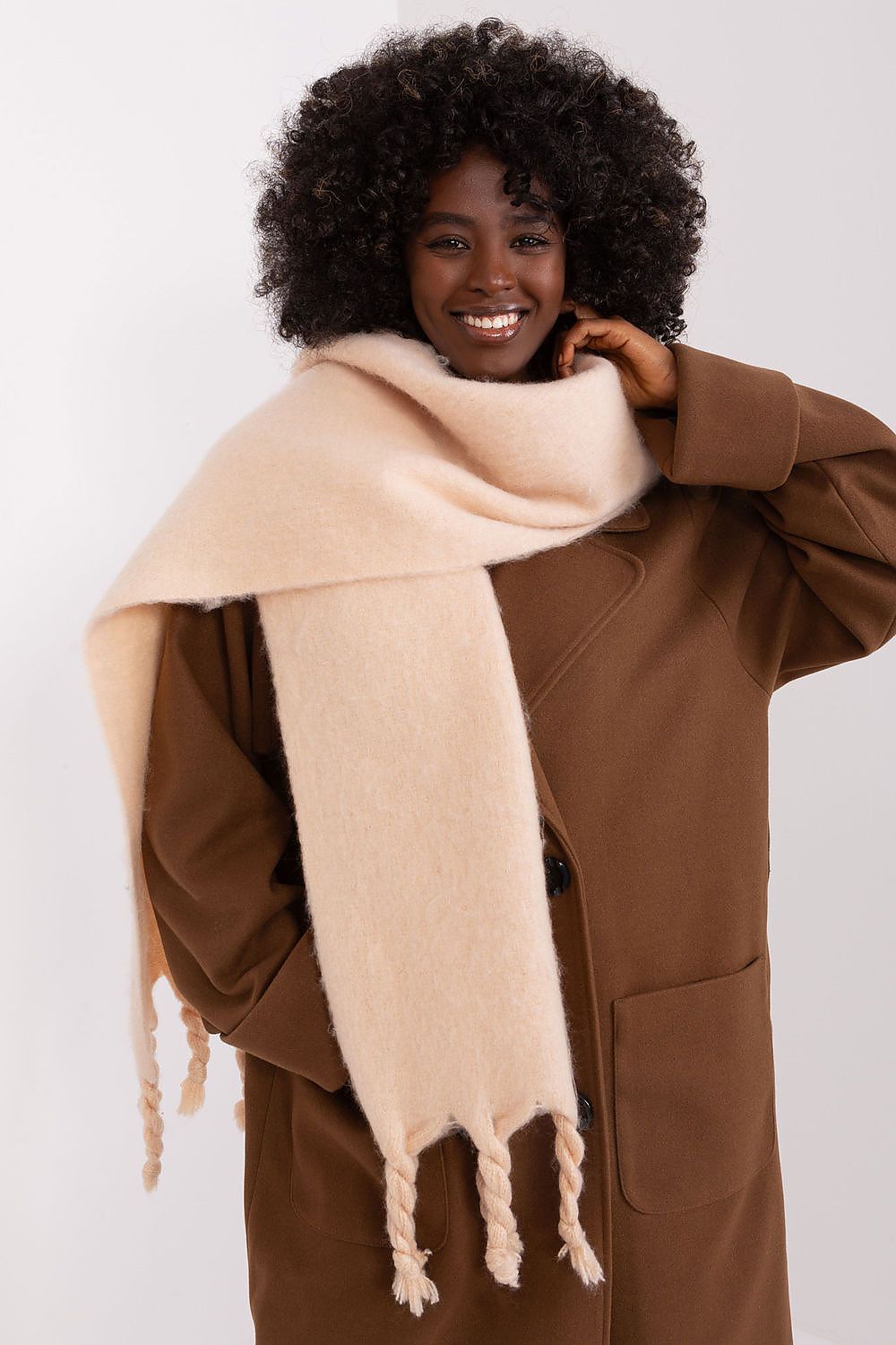 Stylish long shawl by AT made from 100% polyester, designed for comfort and elegance in fall and winter.