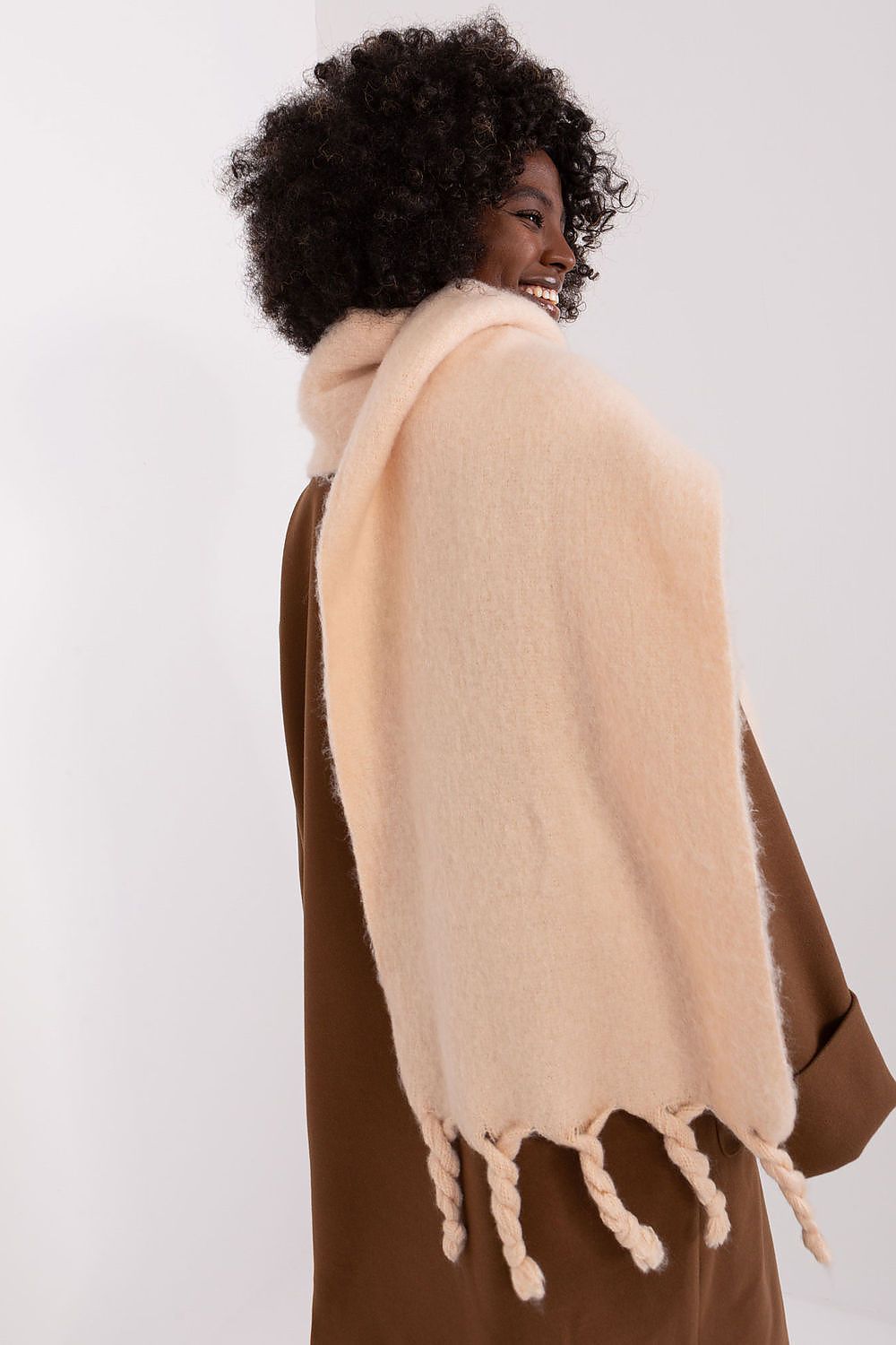 Luxury 100% Polyester long scarf with tassels by AT, perfect for wrapping around the neck or layering for warmth in fall and winter.