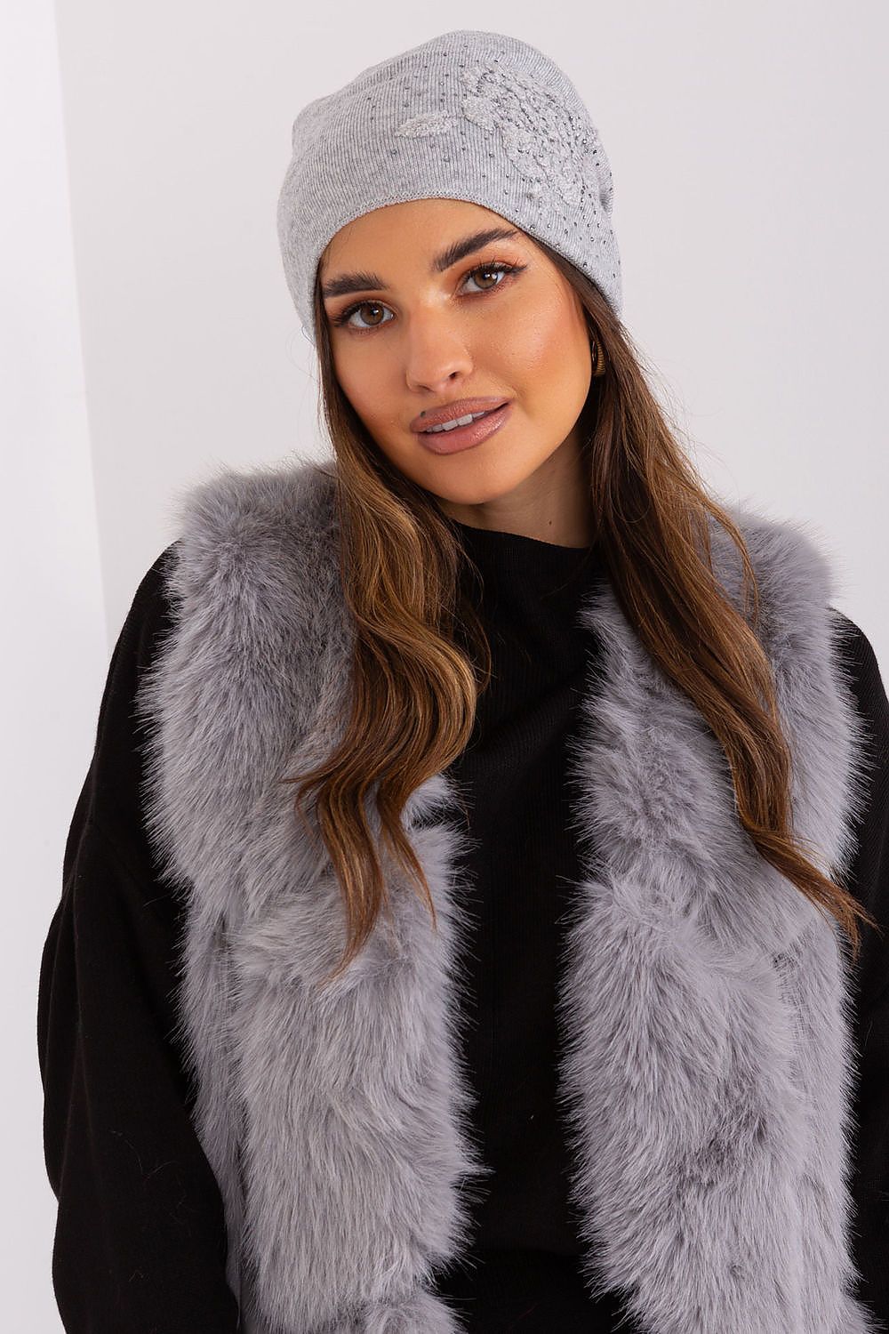 Sophisticated women's beanie hat with a cashmere mix and glamorous rhinestone embellishments, ideal for cold weather by AT.