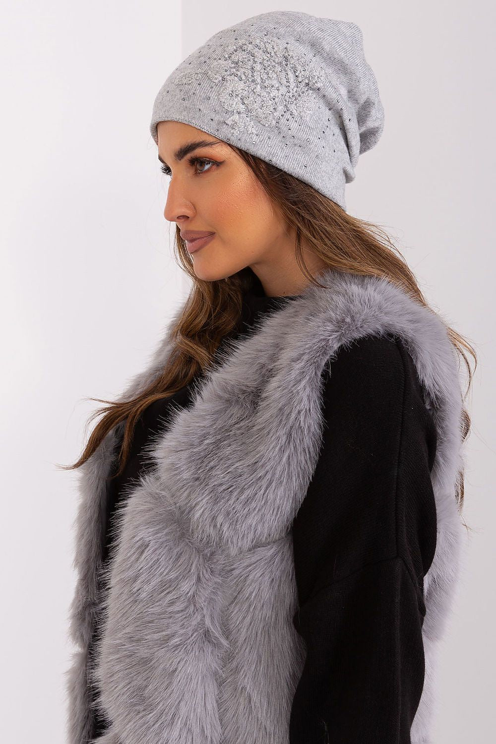 Chic cashmere blend beanie hat for women with rhinestone accents, a luxurious winter essential from AT.