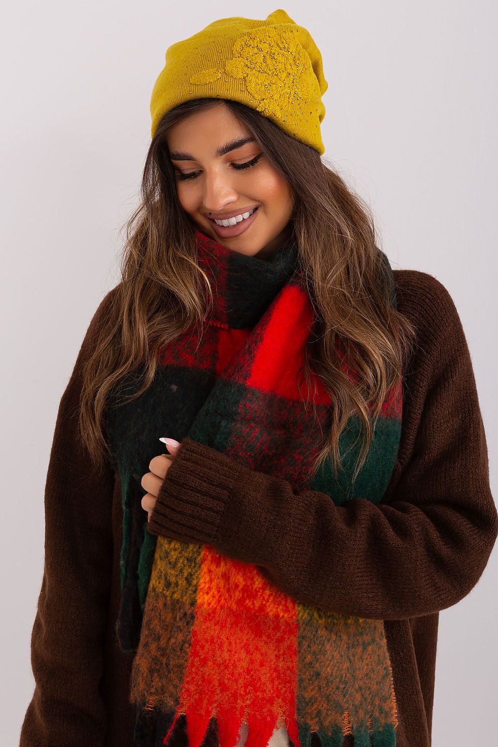 Luxury cashmere blend women's beanie hat by AT with decorative rhinestones, perfect for winter warmth.