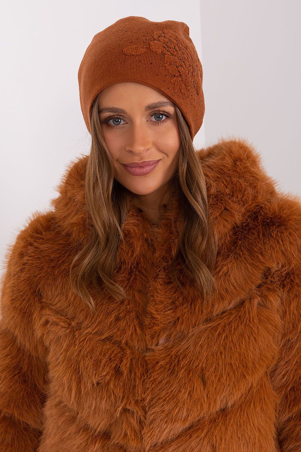 Sophisticated cashmere blend women's beanie hat with exquisite rhinestone details by AT, a must-have winter accessory.
