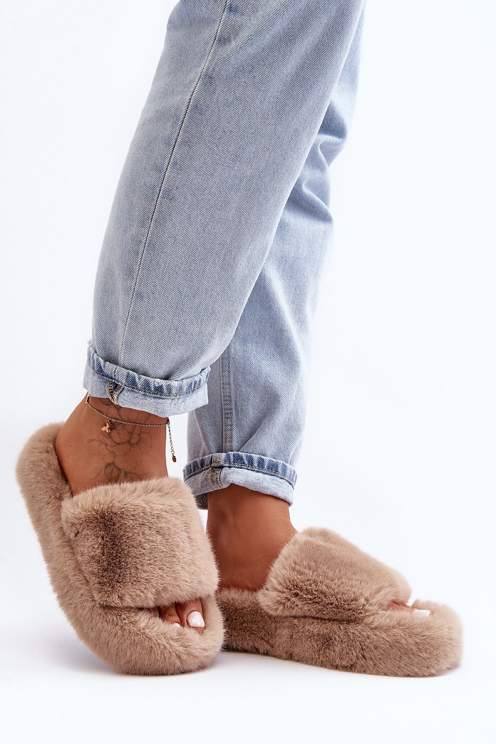 Luxurious women's eco-friendly fur slippers by Step in Style, showcasing a slip-on design with open toe and stylish wide strap.
