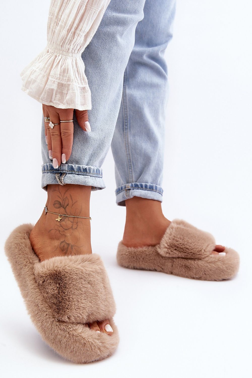 Close-up of Step in Style open toe women's eco-friendly fur slippers, emphasizing the plush fur fabric and chic slip-on style.