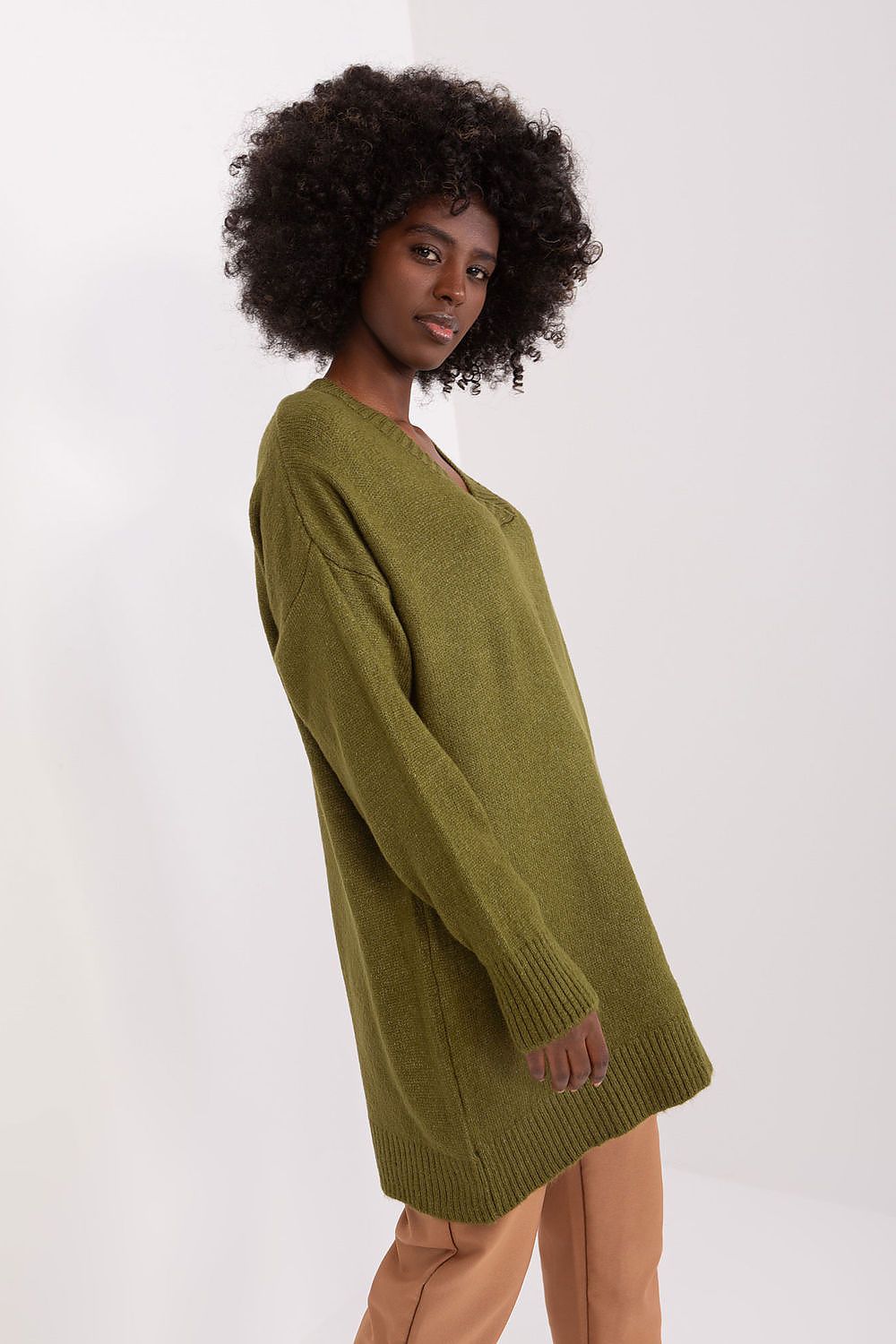 Close-up of the heart neckline detail on the Badu Women's Acrylic Blend Sweater, showcasing its sophisticated design and minimalist aesthetic.