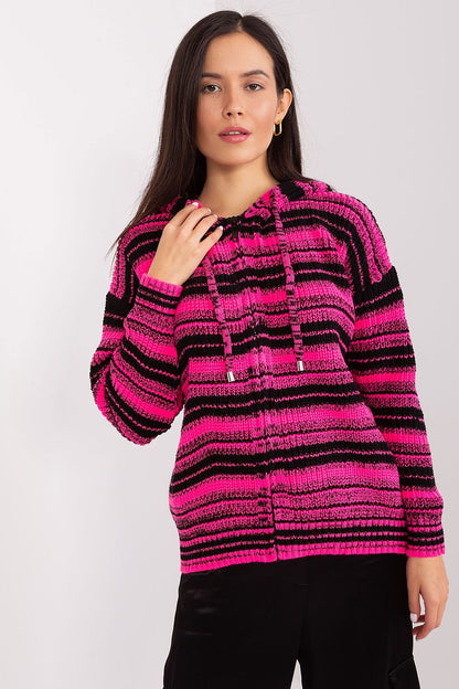 Elegant women's striped hooded cardigan by Badu featuring a stylish zipper, crafted from a soft acrylic and wool blend, perfect for layering in cooler weather.