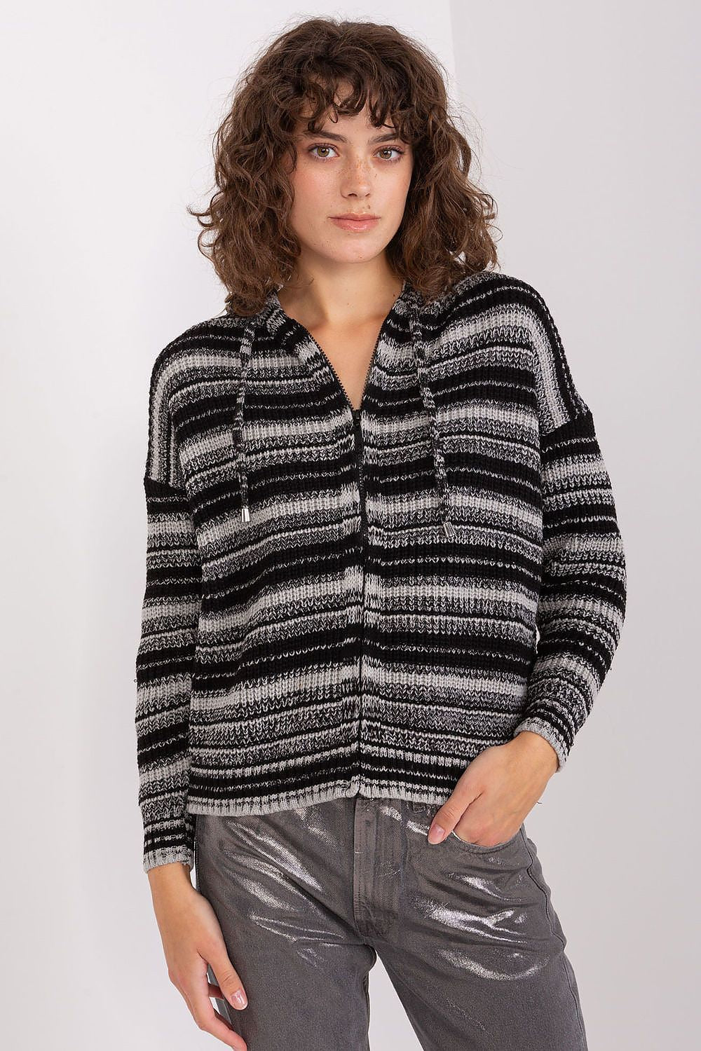 High-quality women's hooded cardigan by Badu, featuring classic stripes and a convenient zipper, made from cosy acrylic and wool blend for stylish warmth.