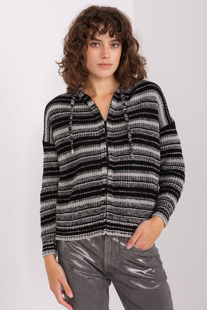 High-quality women's hooded cardigan by Badu, featuring classic stripes and a convenient zipper, made from cosy acrylic and wool blend for stylish warmth.