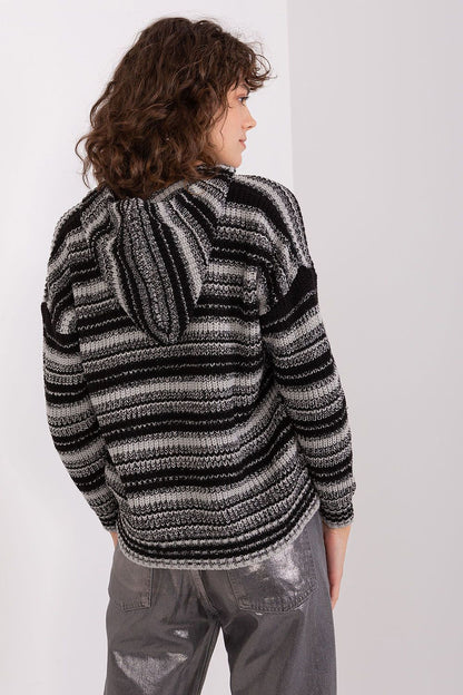 Elegant women's stylish striped hooded cardigan with zipper, crafted by Badu, showcasing a luxurious acrylic and wool blend for warmth and comfort.