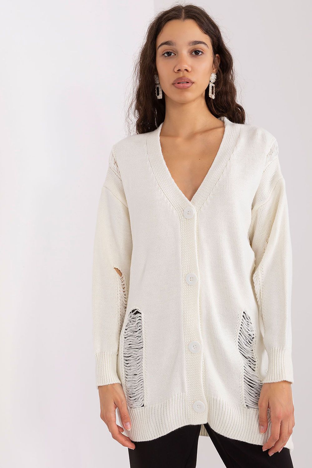 Elegant women's cardigan with buttons and heart V-neck design by Badu, featuring decorative holes in a luxurious acrylic and wool blend, perfect for adding a touch of sophistication to your wardrobe.