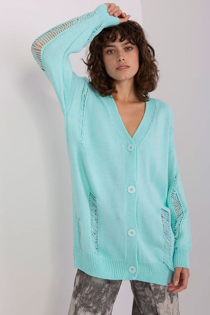 Badu elegant women's cardigan featuring tasteful buttons and heart V-neck design, crafted from a premium acrylic and wool blend.