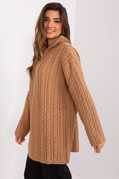 Elegant and comfortable Women’s Zippered Turtleneck Sweater by Badu, perfect for everyday wear with its soft acrylic and wool blend.