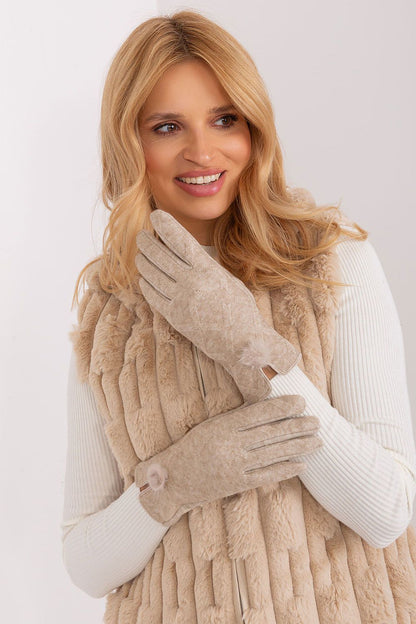 Elegant insulated women's gloves by AT featuring a decorative geometric pattern and stylish pompoms at the wrists.
