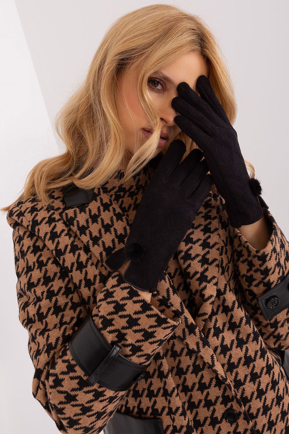 Elegant women's insulated gloves by AT featuring a decorative geometric pattern and beautiful pompoms at the wrist.