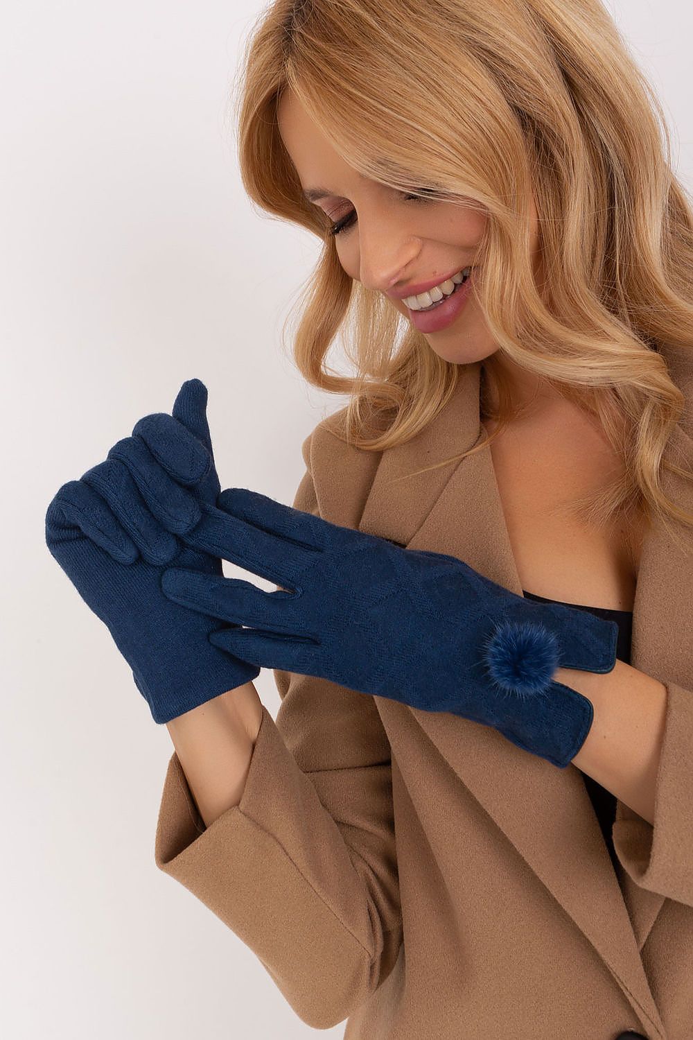 Luxurious insulated gloves by AT for women, designed with a fashionable geometric pattern and charming pompoms.