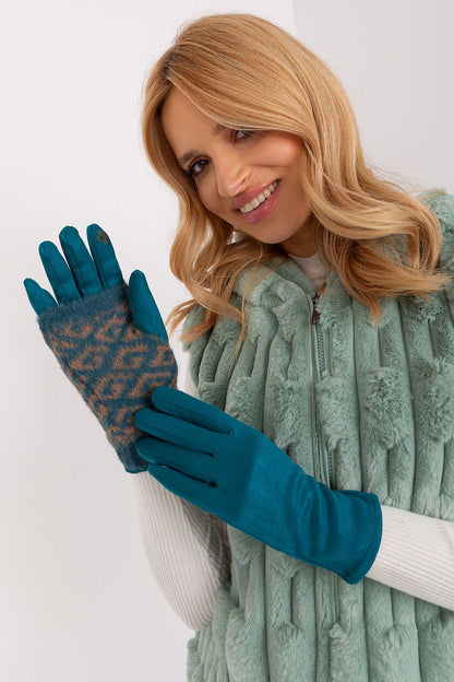 Fashionable women's gloves by AT, highlighting the luxurious fabric and touchscreen functionality, perfect for smart device use.