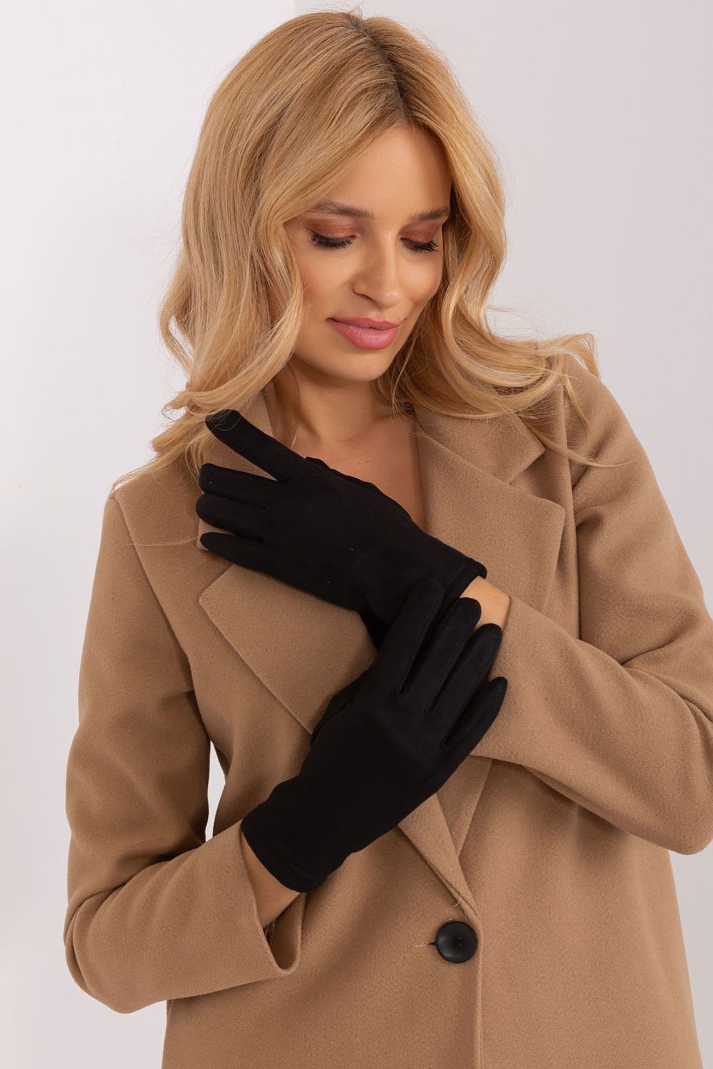 Elegant women's insulated gloves by AT, featuring an embroidered flower on the index finger for touchscreen compatibility, crafted from a plush blend of cotton, spandex, and polyester.