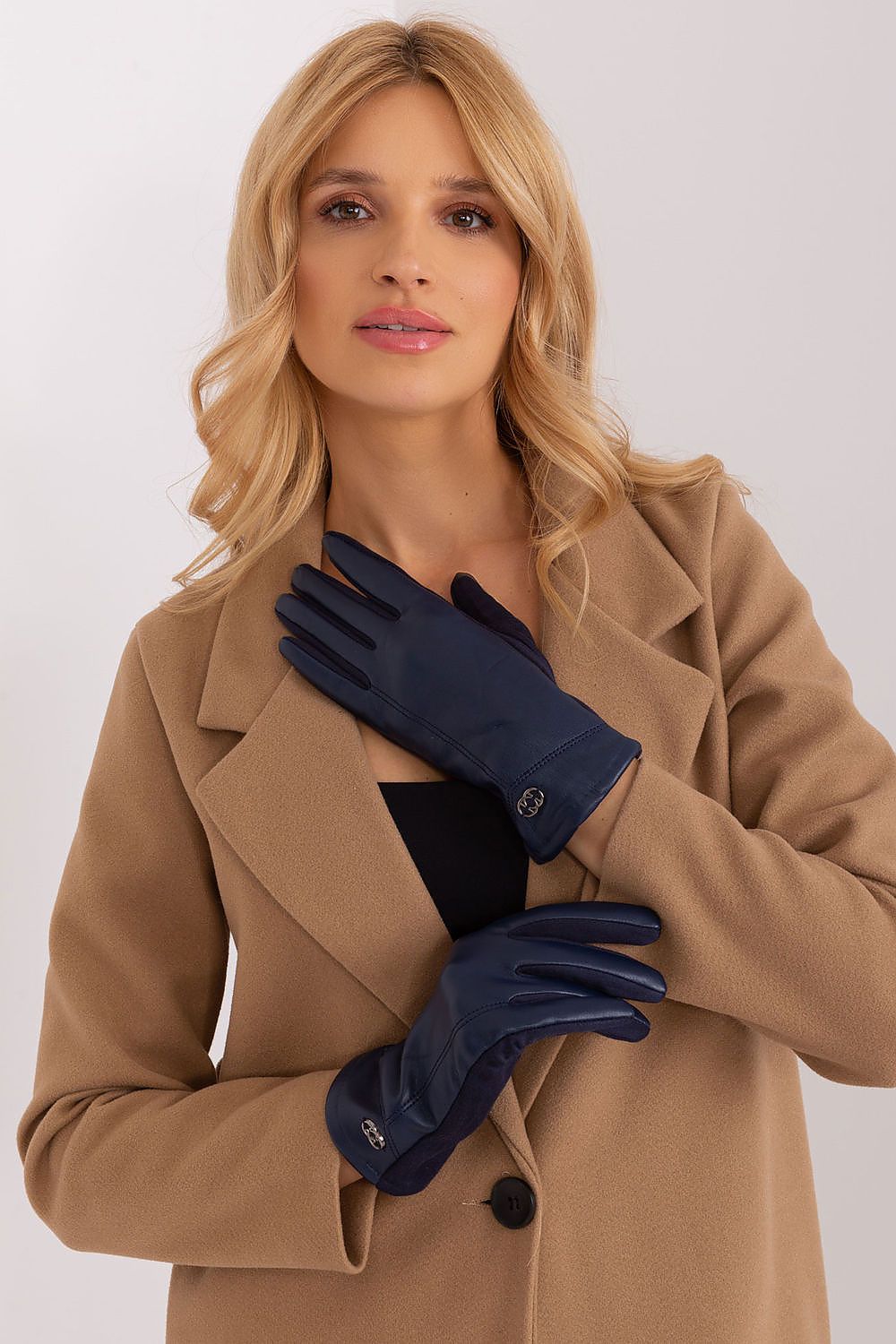 Elegant women's insulated gloves by AT featuring a beautiful embroidered flower detail on the index finger, ideal for touchscreen use.