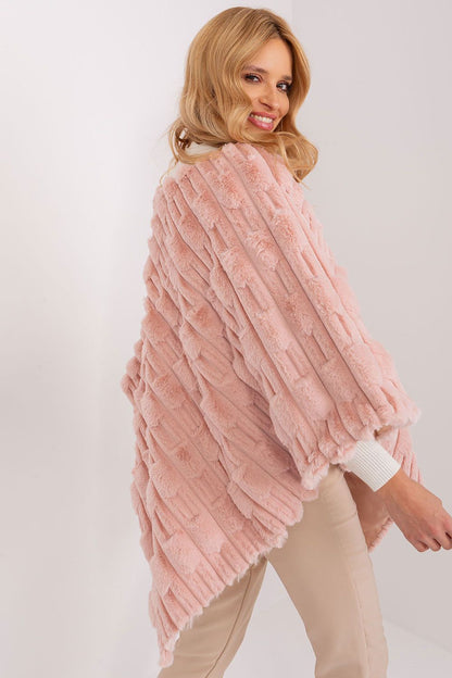 Close-up of the luxurious poncho by AT, highlighting the premium polyester fabric and varied texture, perfect for adding sophistication to casual outfits.