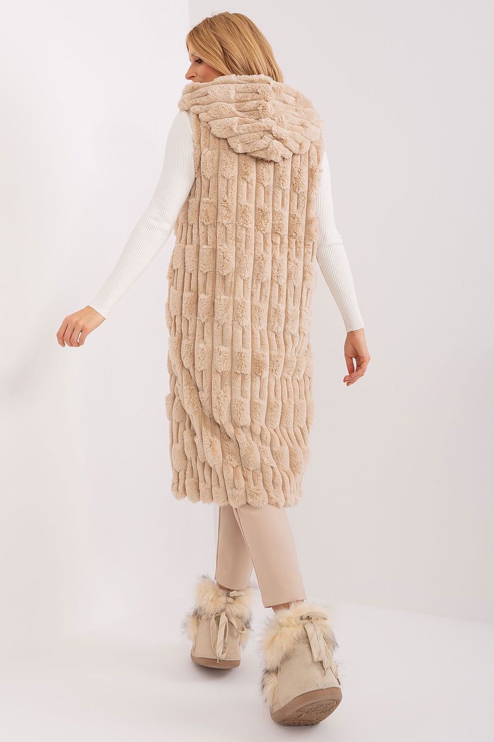 Elegant Women's Fur Vest by AT, featuring a hood and knee-length cut for chic winter styling.