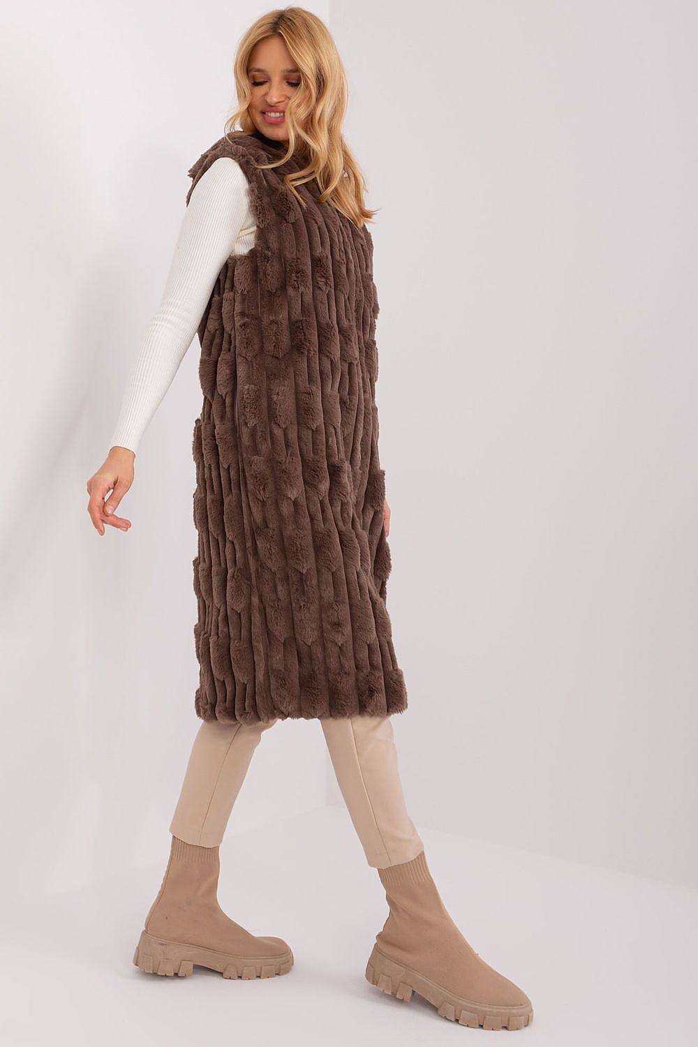 Elegant Fur Vest for Women by AT, showcasing a chic design with hood and practical pockets, perfect for formal occasions in winter.