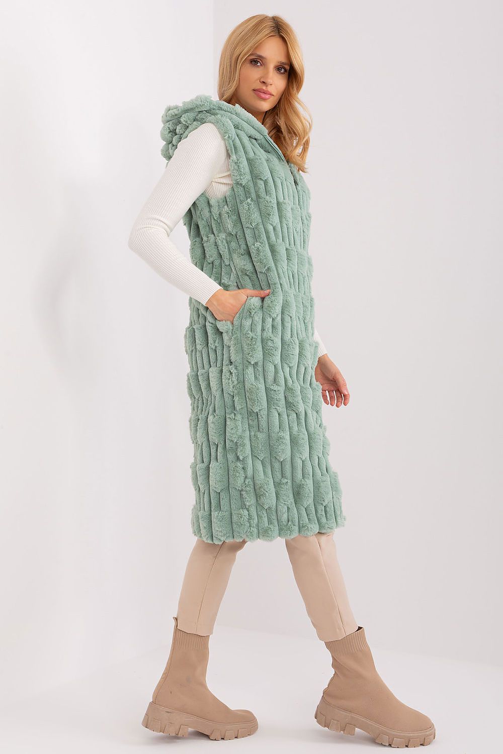 Chic Women's Fur Vest by AT, featuring a knee-length design, hood, and zipper closure, combining luxury and functionality for winter fashion.