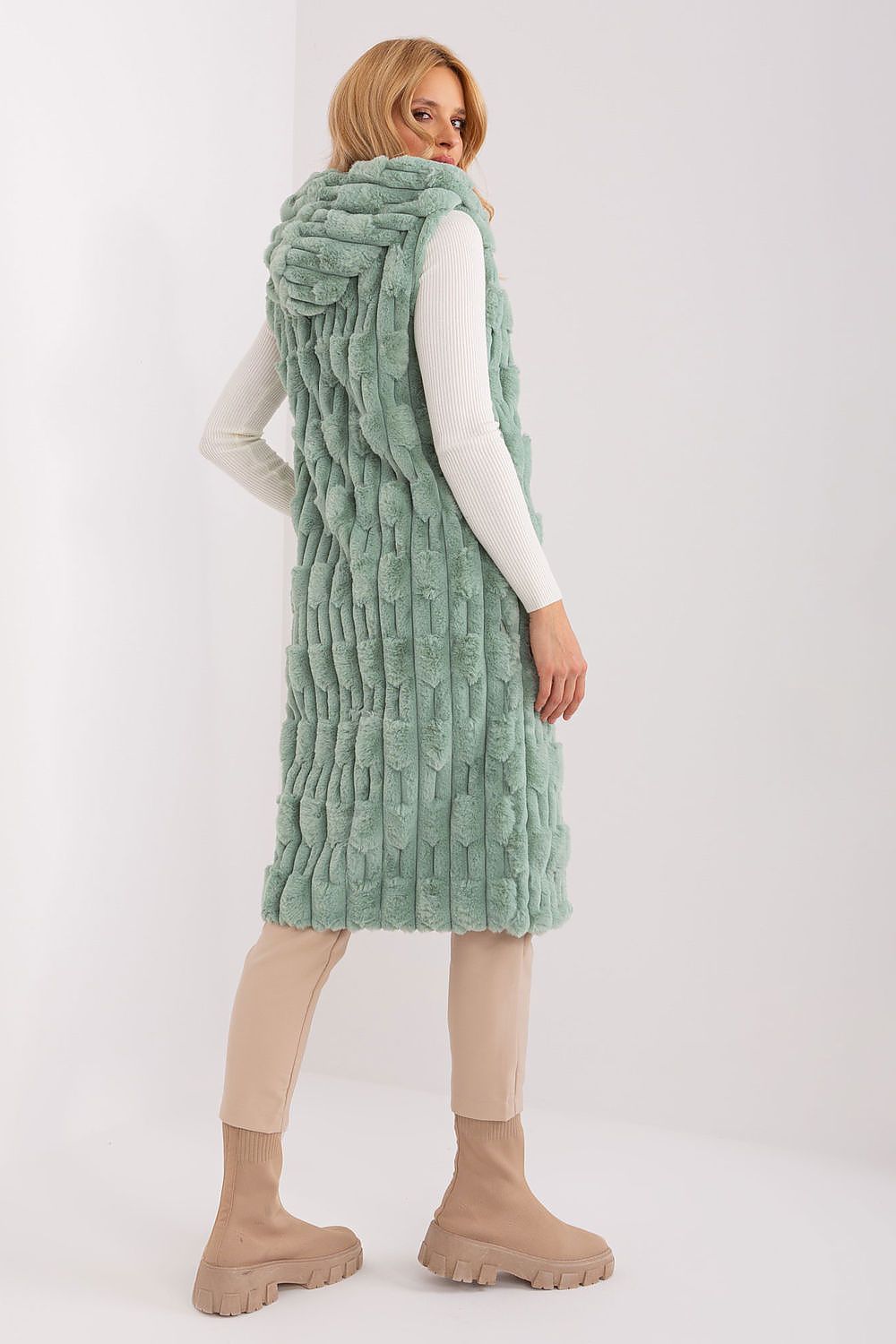 Luxurious women's fur vest with hood by AT, featuring a stylish zipper closure and insulation, ideal for winter elegance and warm comfort.