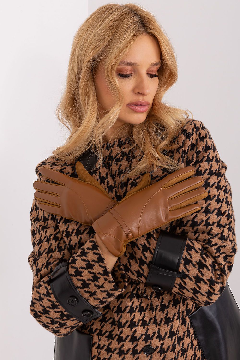 Elegant women's gloves with decorative straps from AT featuring embroidered touchscreen flower index finger for luxury and functionality.