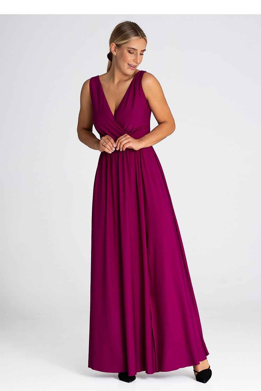 Elegant V-Neck Maxi Dress by Figl with striking front slit, available in sizes S, M, L, and XL, showcasing a luxurious silhouette.