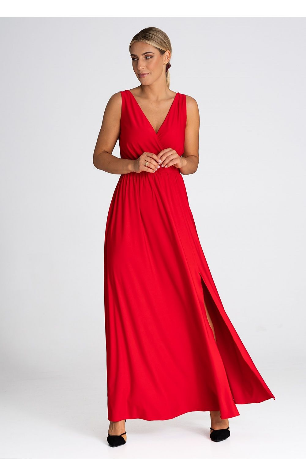 Luxury V-Neck Maxi Dress by Figl with a stunning front slit design, ideal for evening wear, offered in sizes S through XL.