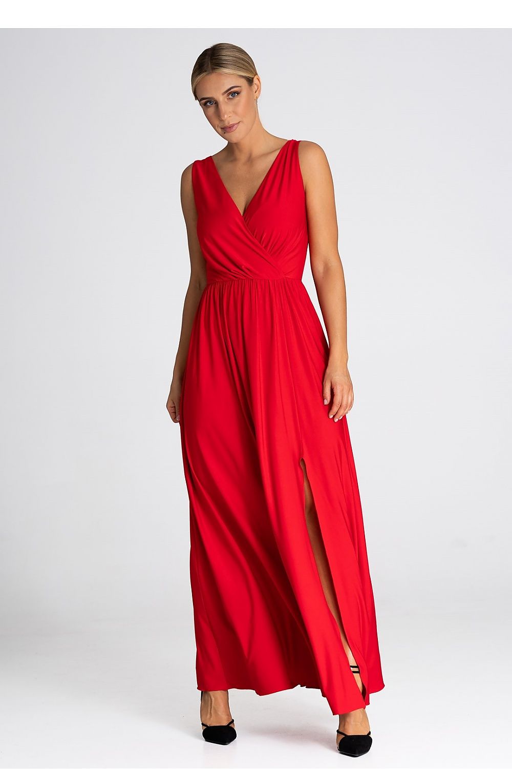 Luxurious Figl Long Dress in a flattering V-neck style, showcasing a sophisticated front slit and available in S, M, L, XL sizes.
