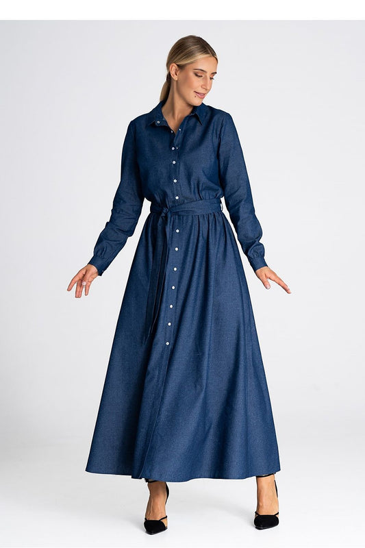 Elegant Classic Figl Denim Day Dress featuring button front and traditional collar, perfect for a sophisticated look.