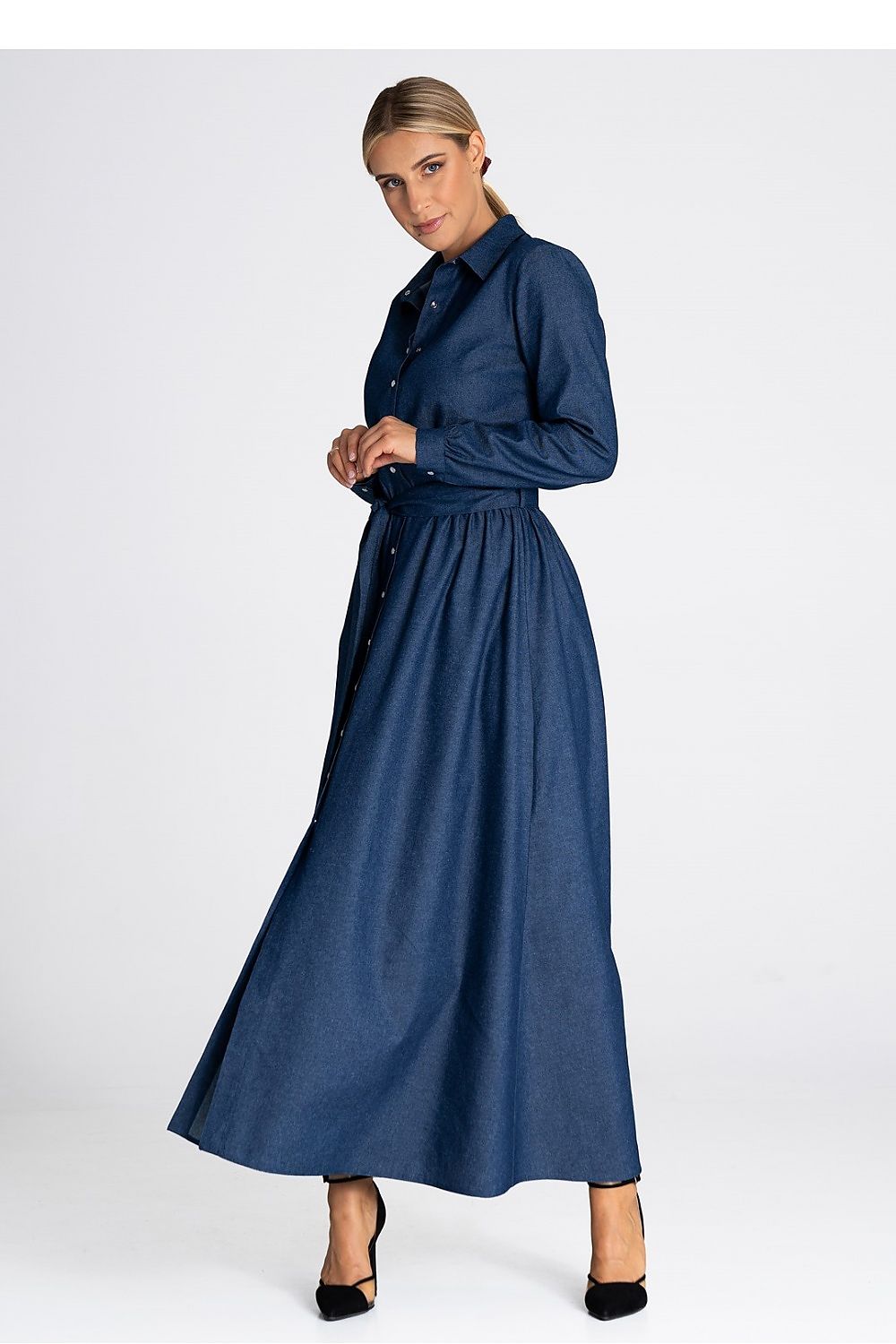 Stylish Classic Figl Denim Day Dress with belted waist, crafted from premium cotton for luxurious comfort.