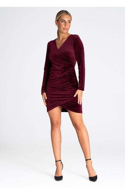 Elegant deep V-neck velvet evening dress by Figl, showcasing a luxurious draped front design for a sophisticated silhouette.