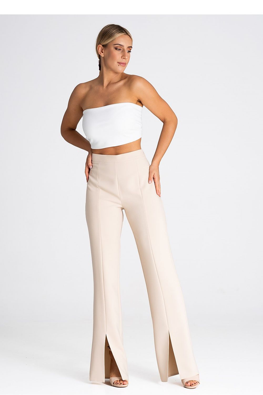 Stylish women's trousers from Figl, crafted for elegance with a fashionable front slit.