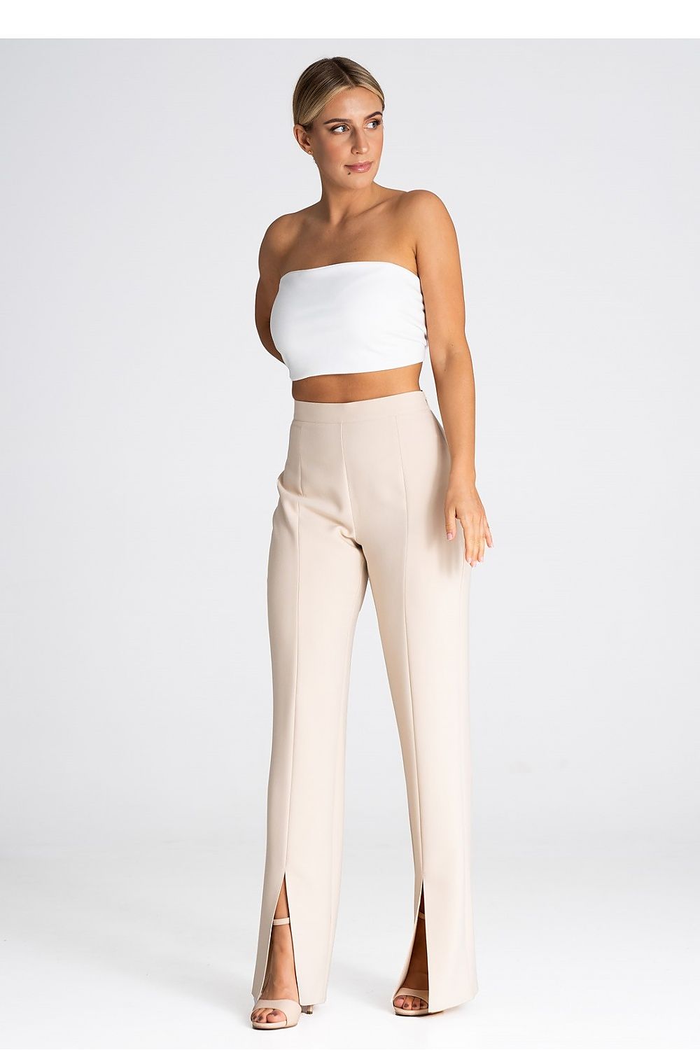 Chic long pants by Figl, featuring a striking front slit and tailored fit ideal for upscale women's wardrobes.