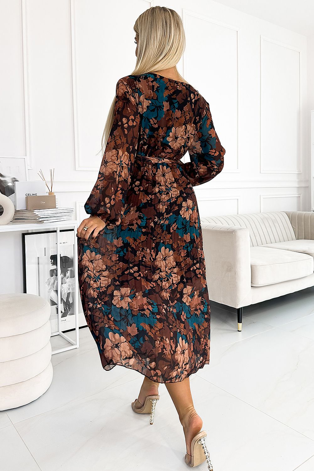 Sophisticated long chiffon dress by Numoco with long sleeves and a tied belt, showcasing an exquisite floral pattern, ideal for enhancing your wardrobe.