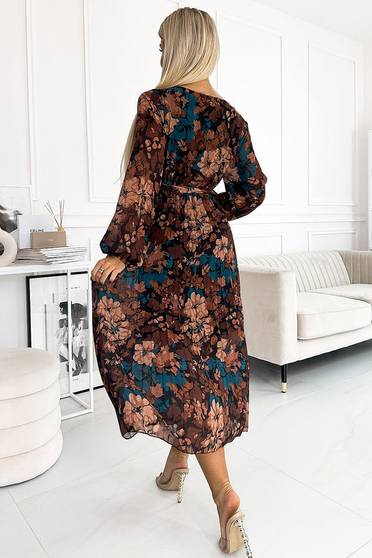 Sophisticated long chiffon dress by Numoco with long sleeves and a tied belt, showcasing an exquisite floral pattern, ideal for enhancing your wardrobe.