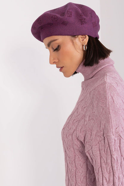 Stylish knitted beret with exquisite rhinestone accents, crafted by AT from high-quality materials including acrylic, cotton, and cashmere.