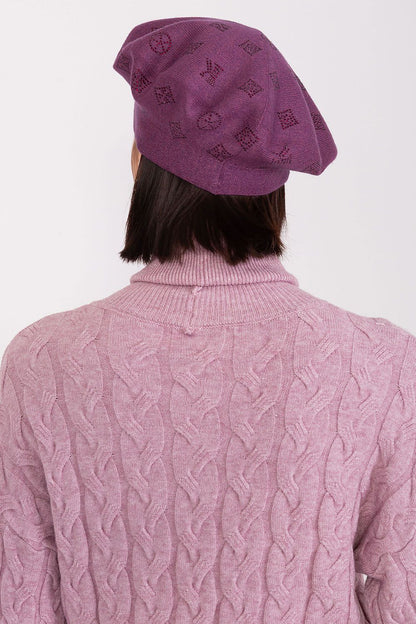 Luxury knitted beret by AT featuring elegant rhinestone application, crafted from 50% acrylic, 30% cotton, and 20% cashmere.