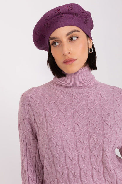 Upscale beret designed by AT, showcasing a unique rhinestone embellishment, made with premium 50% acrylic, 30% cotton, and 20% cashmere.
