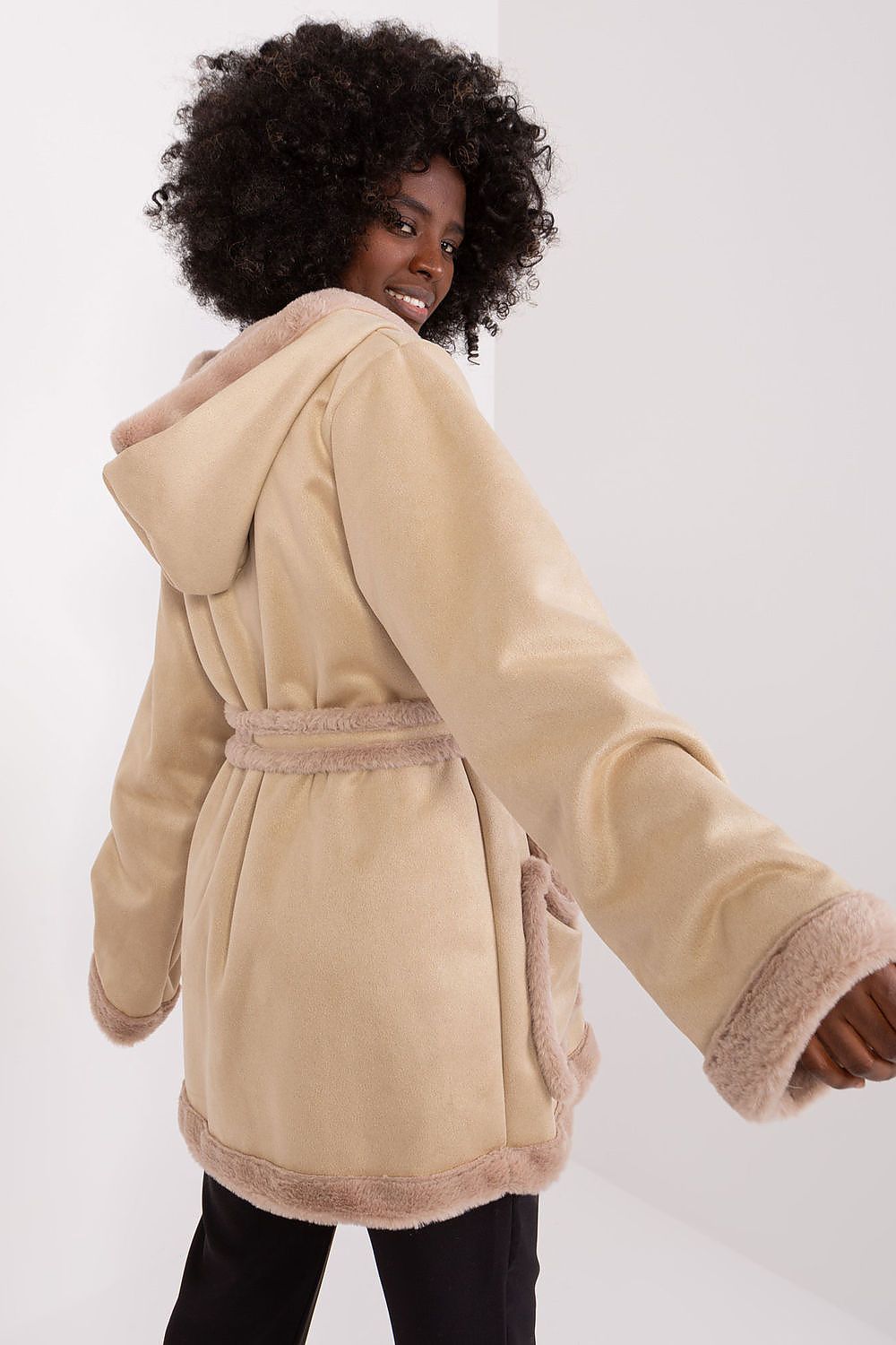 Lakerta women's winter coat with hood and tie belt, showcasing elegant casual chic style and insulation for warmth.